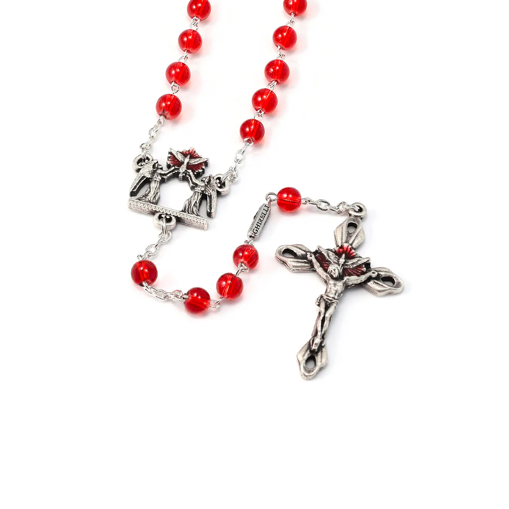 Holy Spirit Red Glass & Silver Rosary