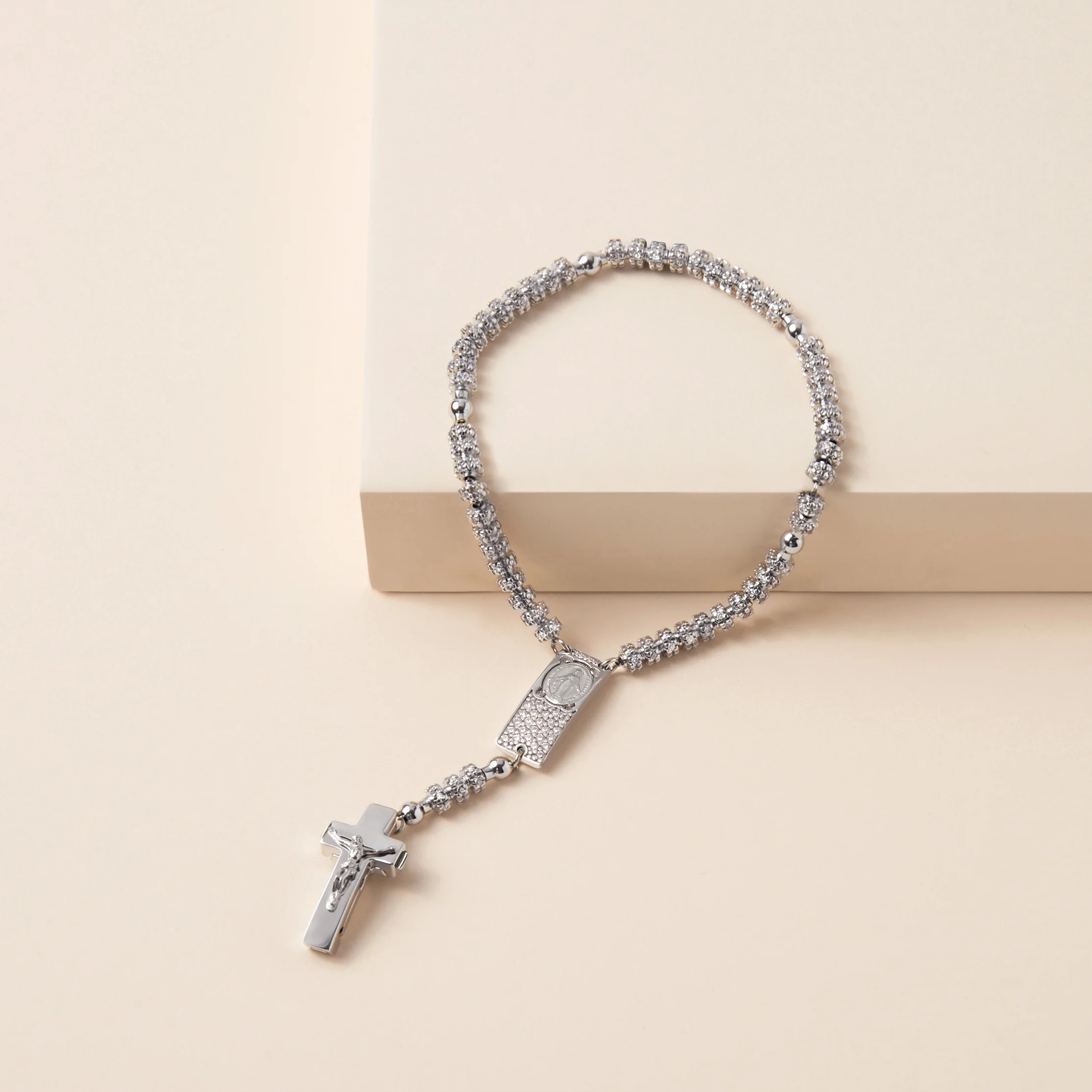 ROSALET® FULLY PAVE RHODIUM BEADS, STERLING SILVER & ROUND PATER, ROSARY CENTER WITH ZIRCON PAVE, TRADITIONAL - Image 2