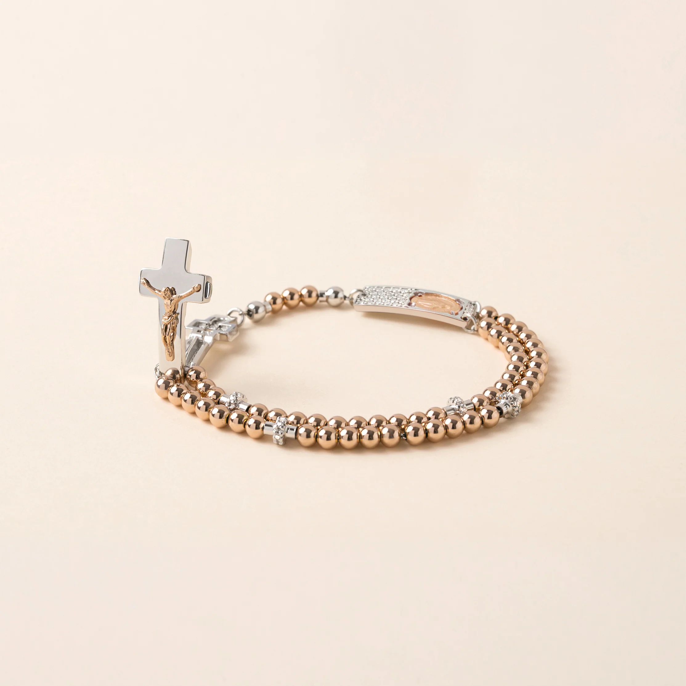 ROSALET® ROUND ROSE GOLD BEADS, STERLING SILVER & PAVE PATER, ROSARY CENTER WITH ZIRCON PAVE, TRADITIONAL - Image 2