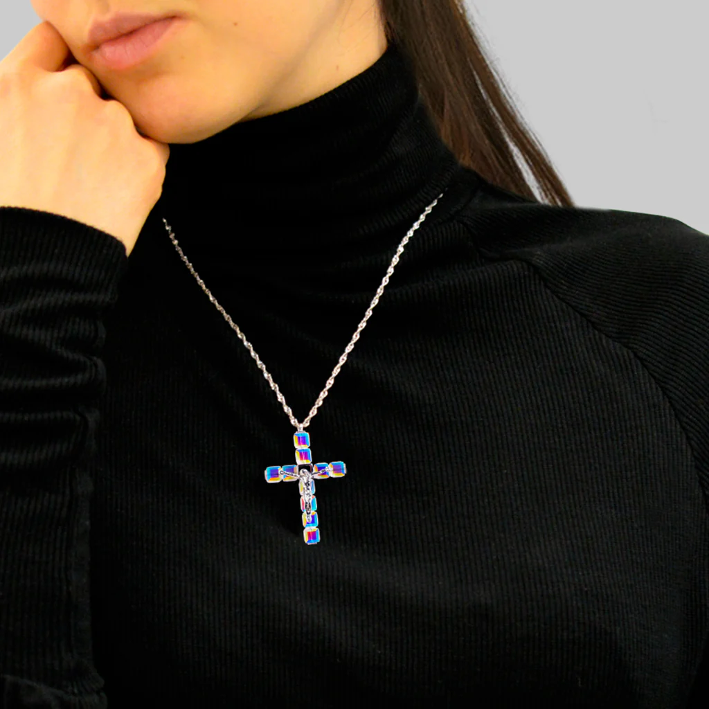 Aurora Borealis Crystal Cross Pendant with Sterling Silver - Image 2